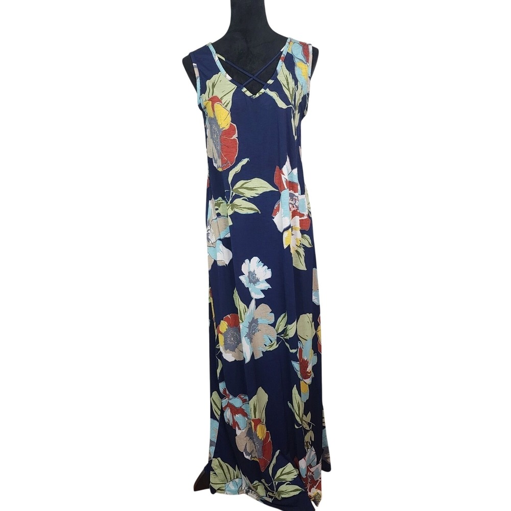 LIME N CHILI Size Medium Stretch Knit Blue Floral Floor Length Sleeveless Maxi